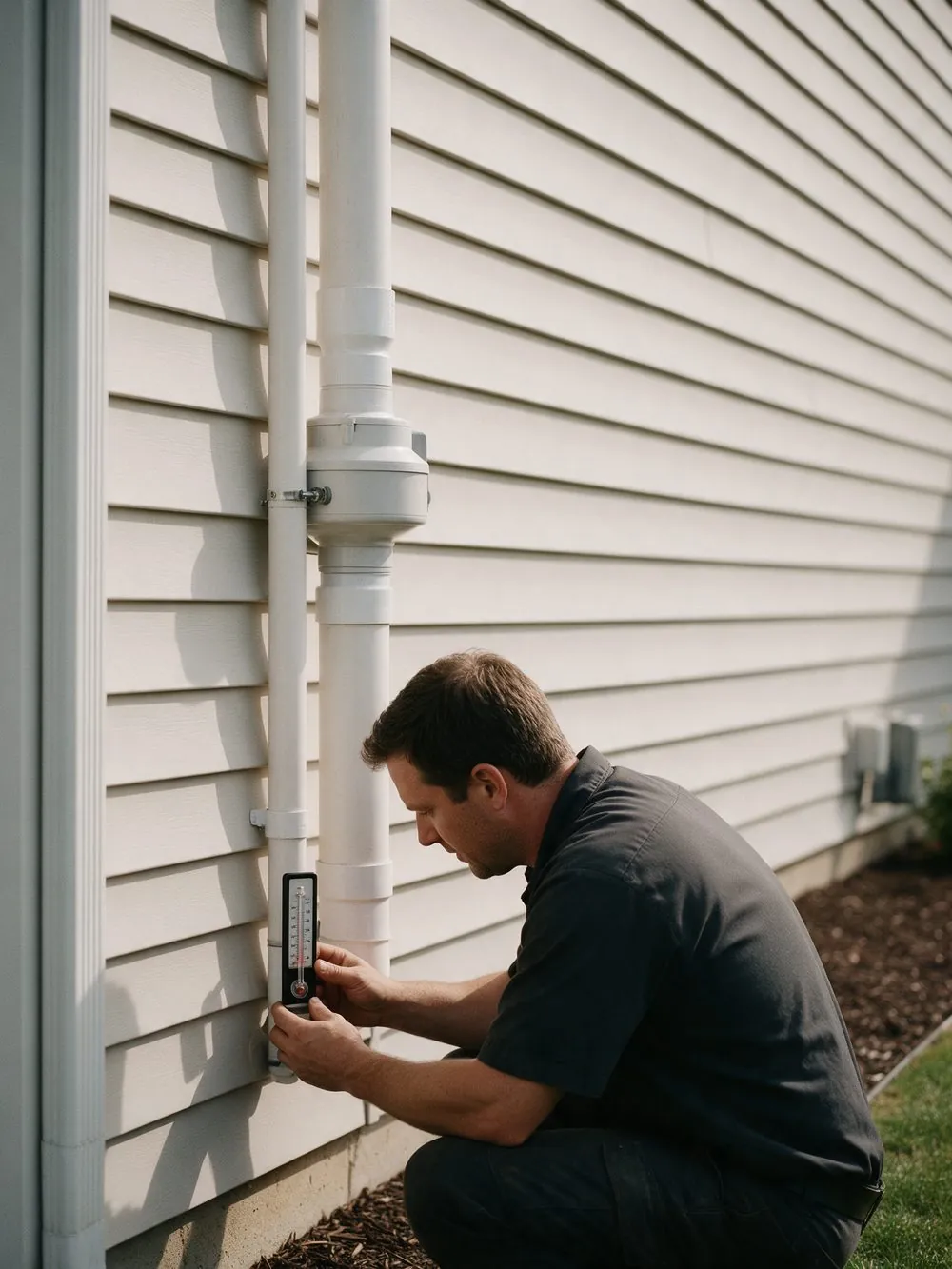 A Radon Removal York PA technician checking the gauge on a freshly installed exterior radon mitigation system